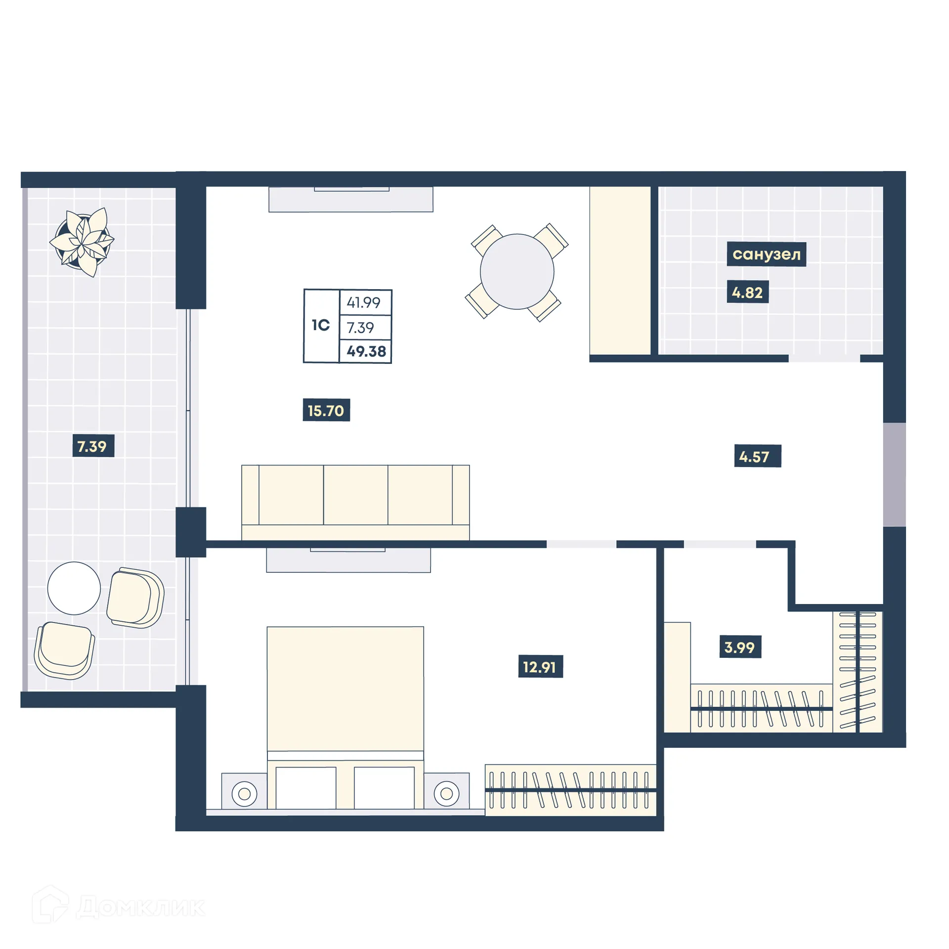 Планировка 1-комнатной квартиры 49.45 м² в ЖК Лучи, г. Анапа — фото 1