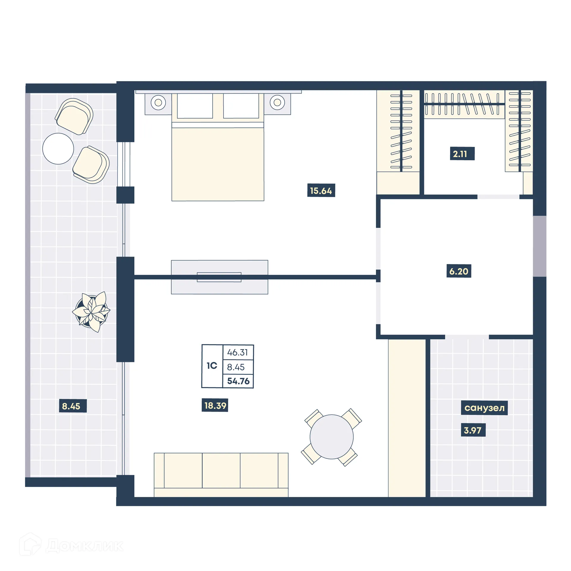 Планировка 1-комнатной квартиры 54.76 м² в ЖК Лучи, г. Анапа — фото 1