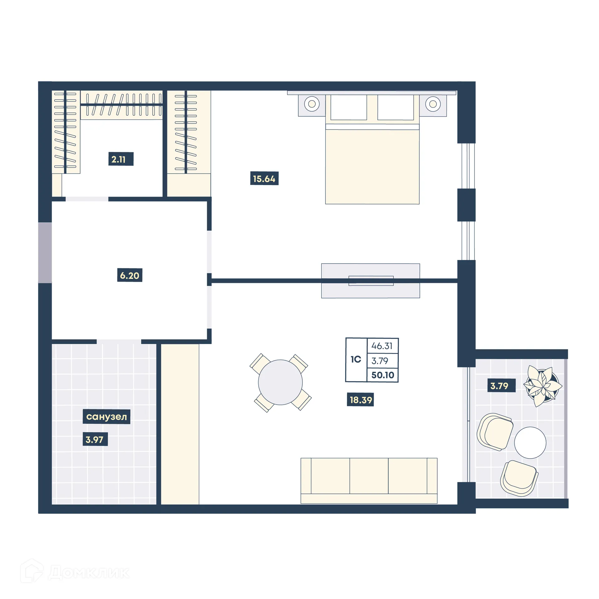 Планировка 1-комнатной квартиры 50.1 м² в ЖК Лучи, г. Анапа — фото 1