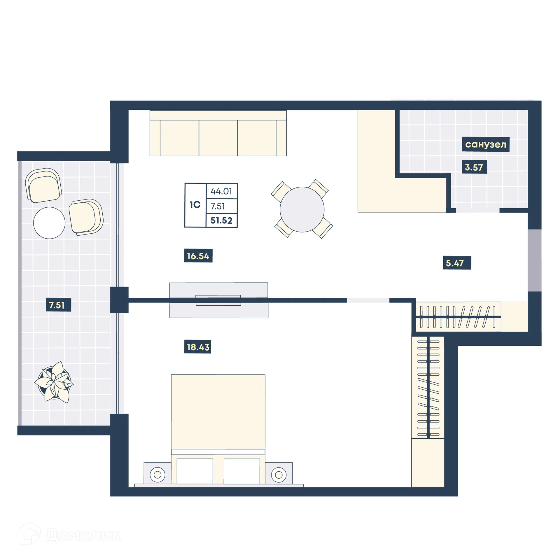 Планировка 1-комнатной квартиры 51.52 м² в ЖК Лучи, г. Анапа — фото 1