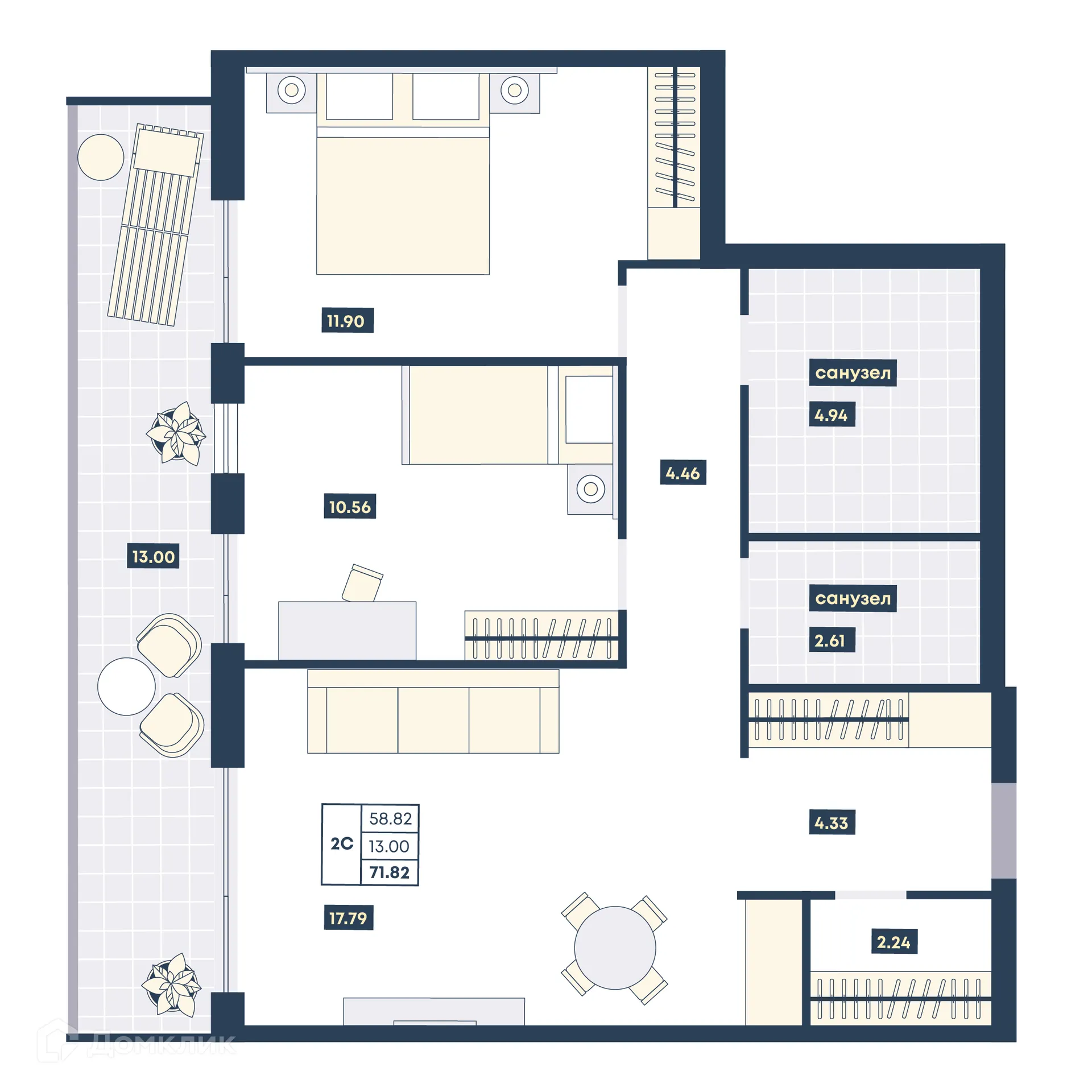 Планировка 2-комнатной квартиры 71.82 м² в ЖК Лучи, г. Анапа — фото 1