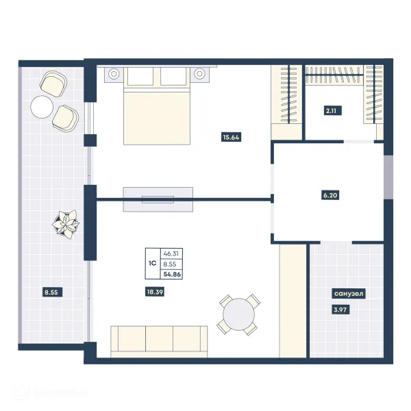 Планировка 1 комн. в ЖК Лучи