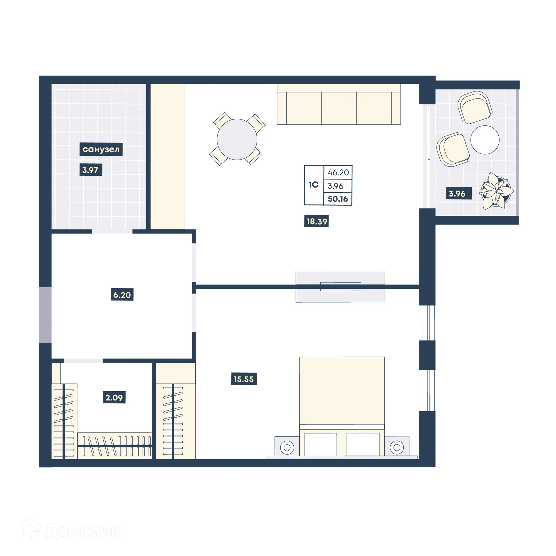 Планировка 1-комнатной квартиры 50.16 м² в ЖК Лучи, г. Анапа — фото 1