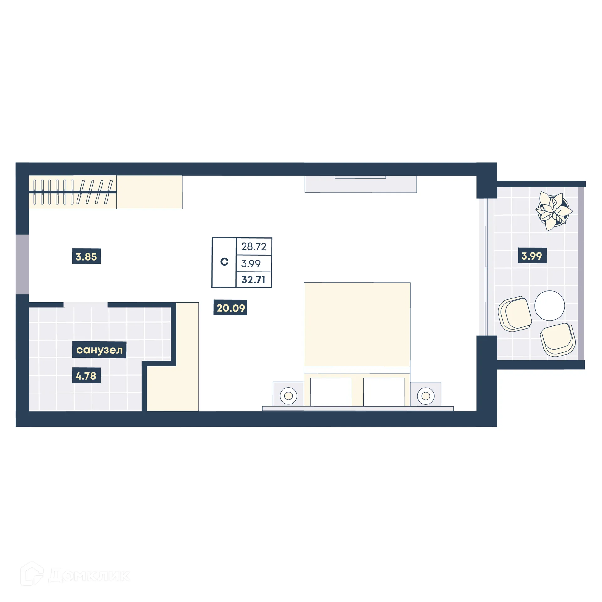 Планировка студии квартиры 32.71 м² в ЖК Лучи, г. Анапа — фото 1