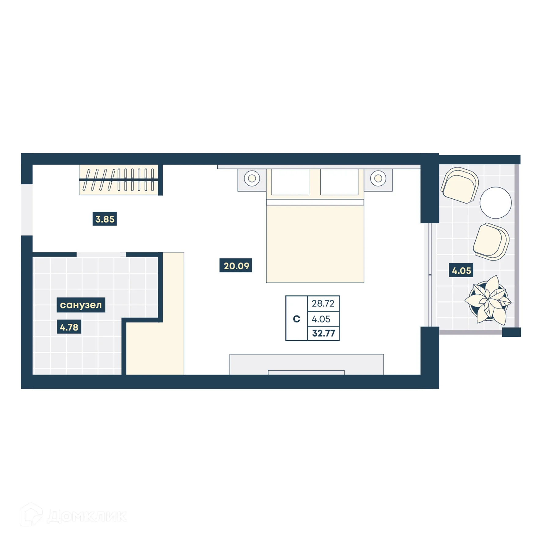 Планировка студии квартиры 32.77 м² в ЖК Лучи, г. Анапа — фото 1