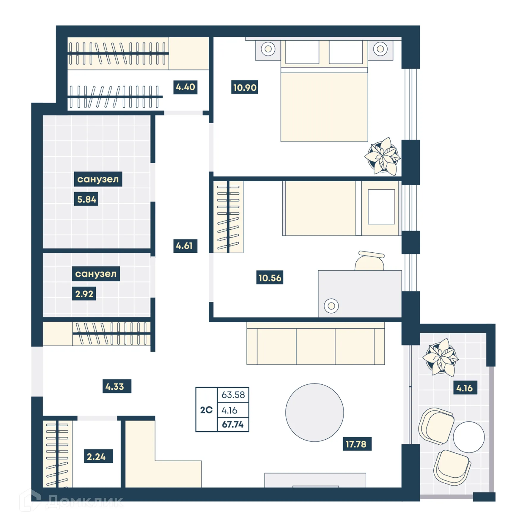 Планировка 2-комнатной квартиры 67.74 м² в ЖК Лучи, г. Анапа — фото 1