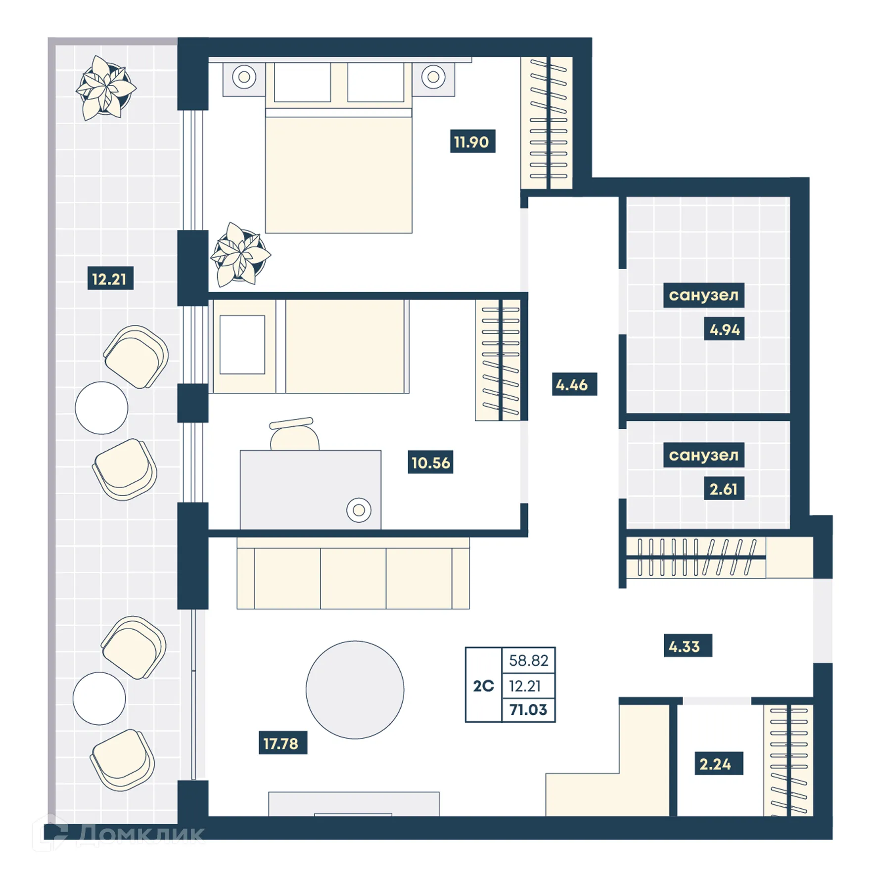 Планировка 2-комнатной квартиры 71.03 м² в ЖК Лучи, г. Анапа — фото 1