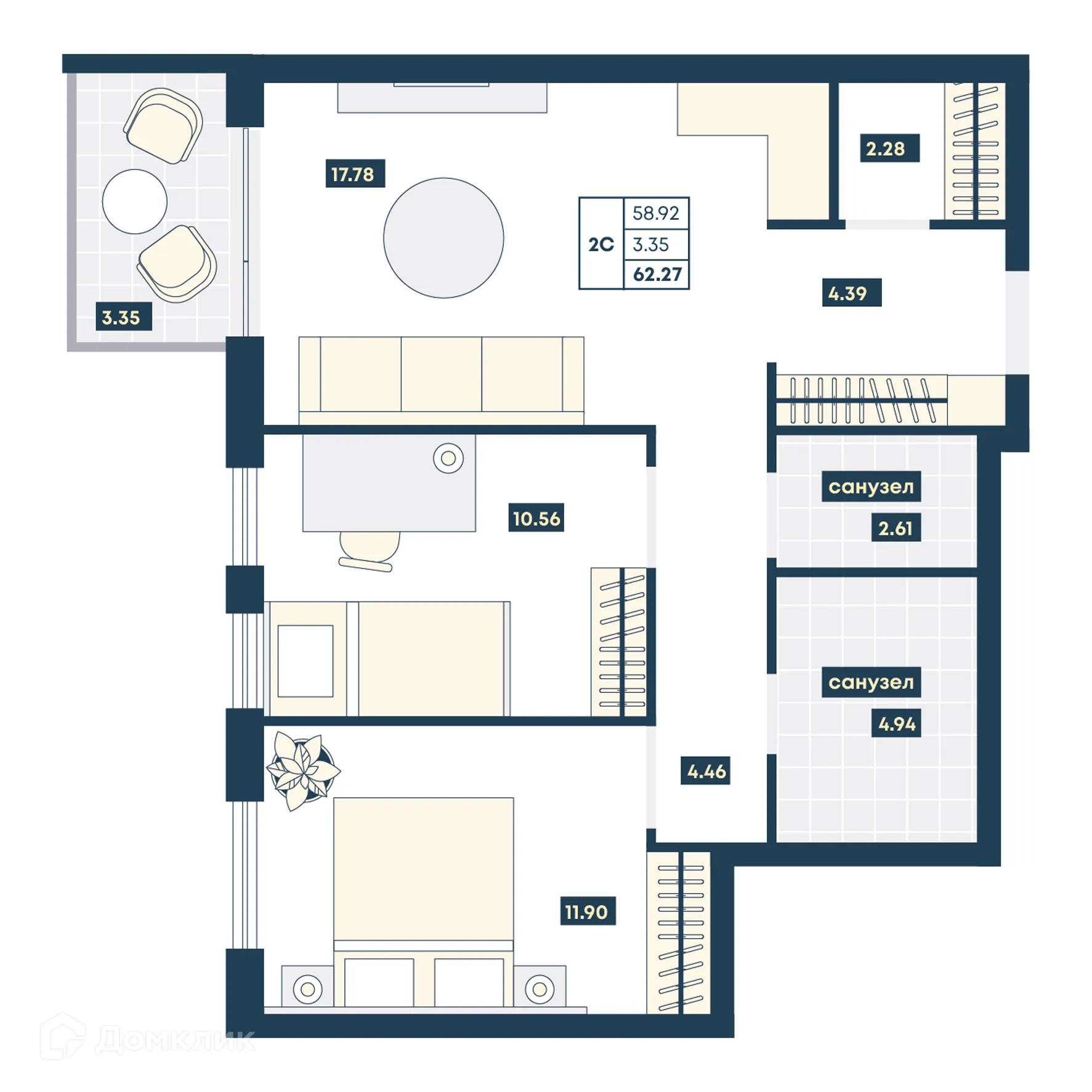 Планировка 2-комнатной квартиры 62.27 м² в ЖК Лучи, г. Анапа — фото 1