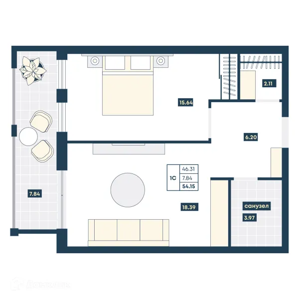 Планировка 1 комн. в ЖК Лучи