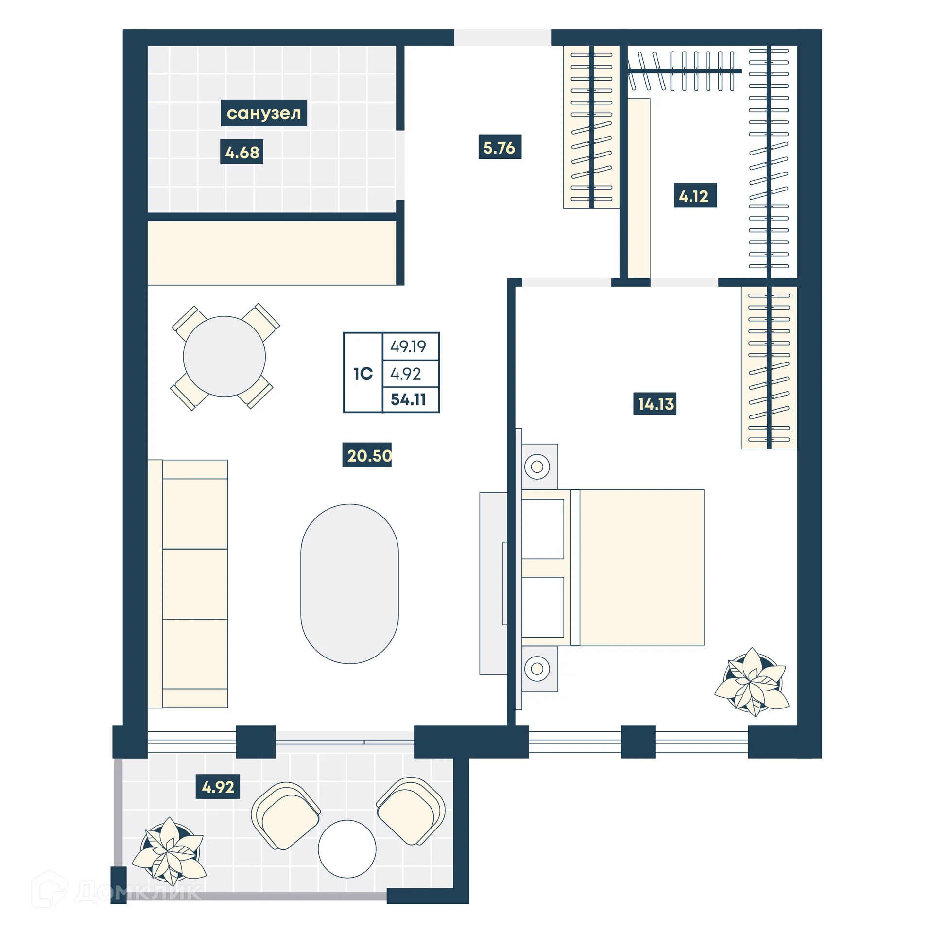 Планировка 1-комнатной квартиры 54.11 м² в ЖК Лучи, г. Анапа — фото 1