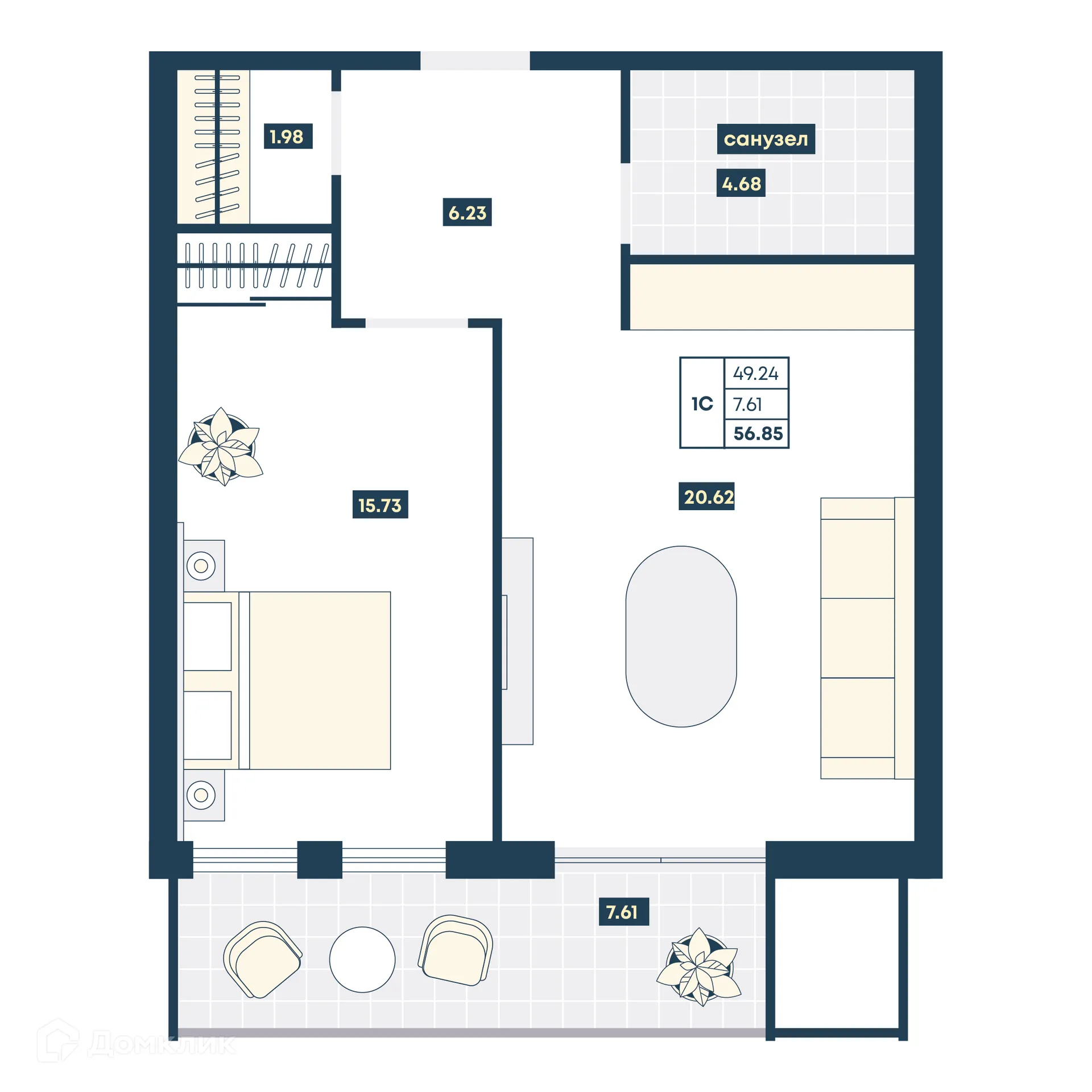 Планировка 1-комнатной квартиры 56.85 м² в ЖК Лучи, г. Анапа — фото 1