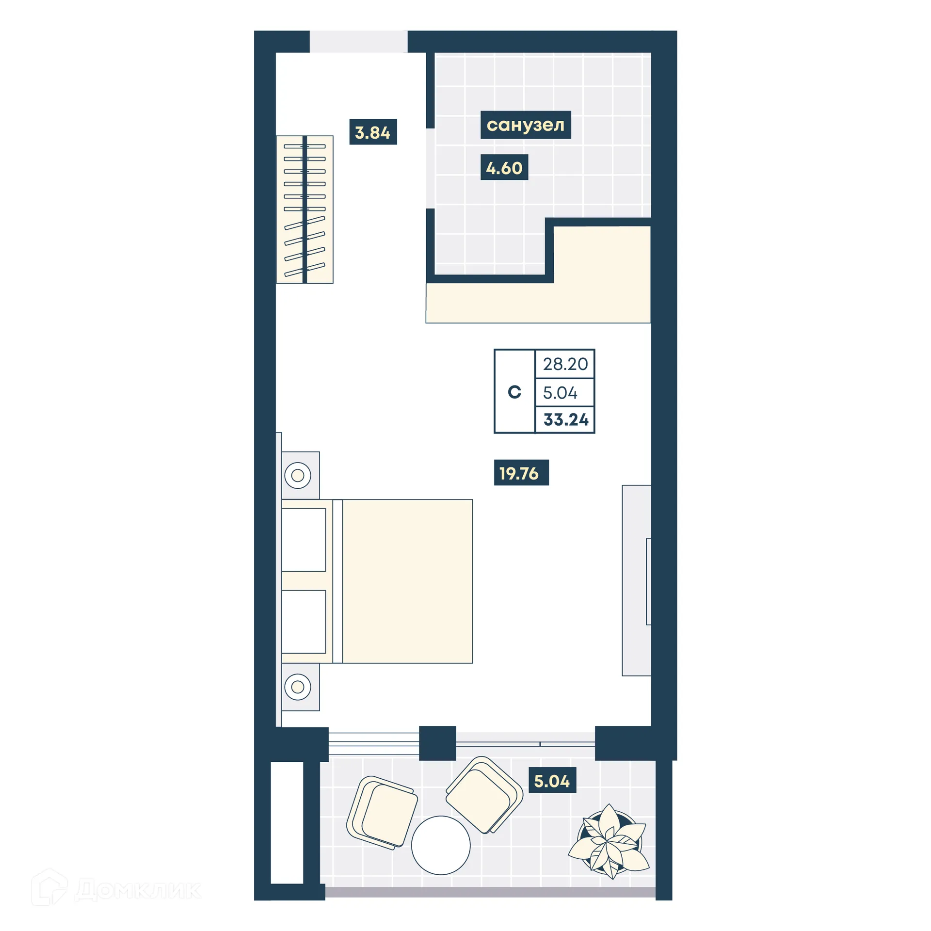 Планировка студии квартиры 33.24 м² в ЖК Лучи, г. Анапа — фото 1