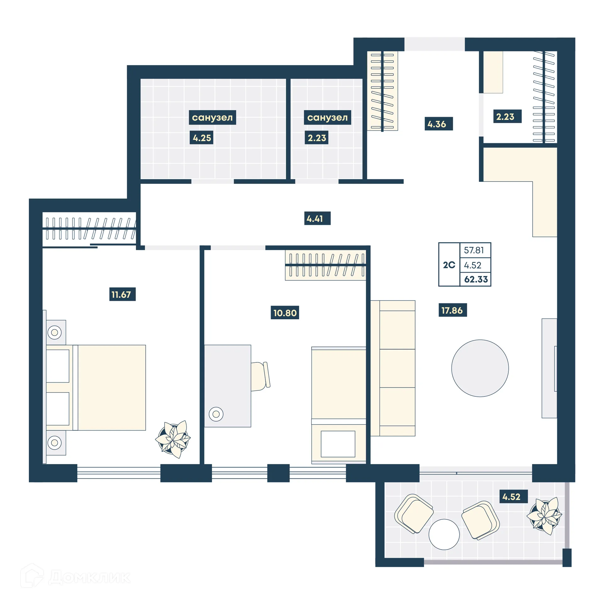 Планировка 2-комнатной квартиры 62.33 м² в ЖК Лучи, г. Анапа — фото 1