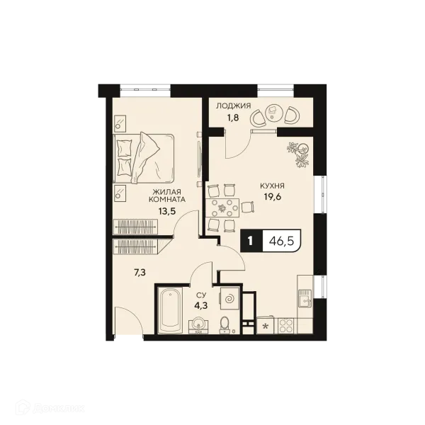 Планировка 1 комн. в ЖК Жилой комплекс "18/3"