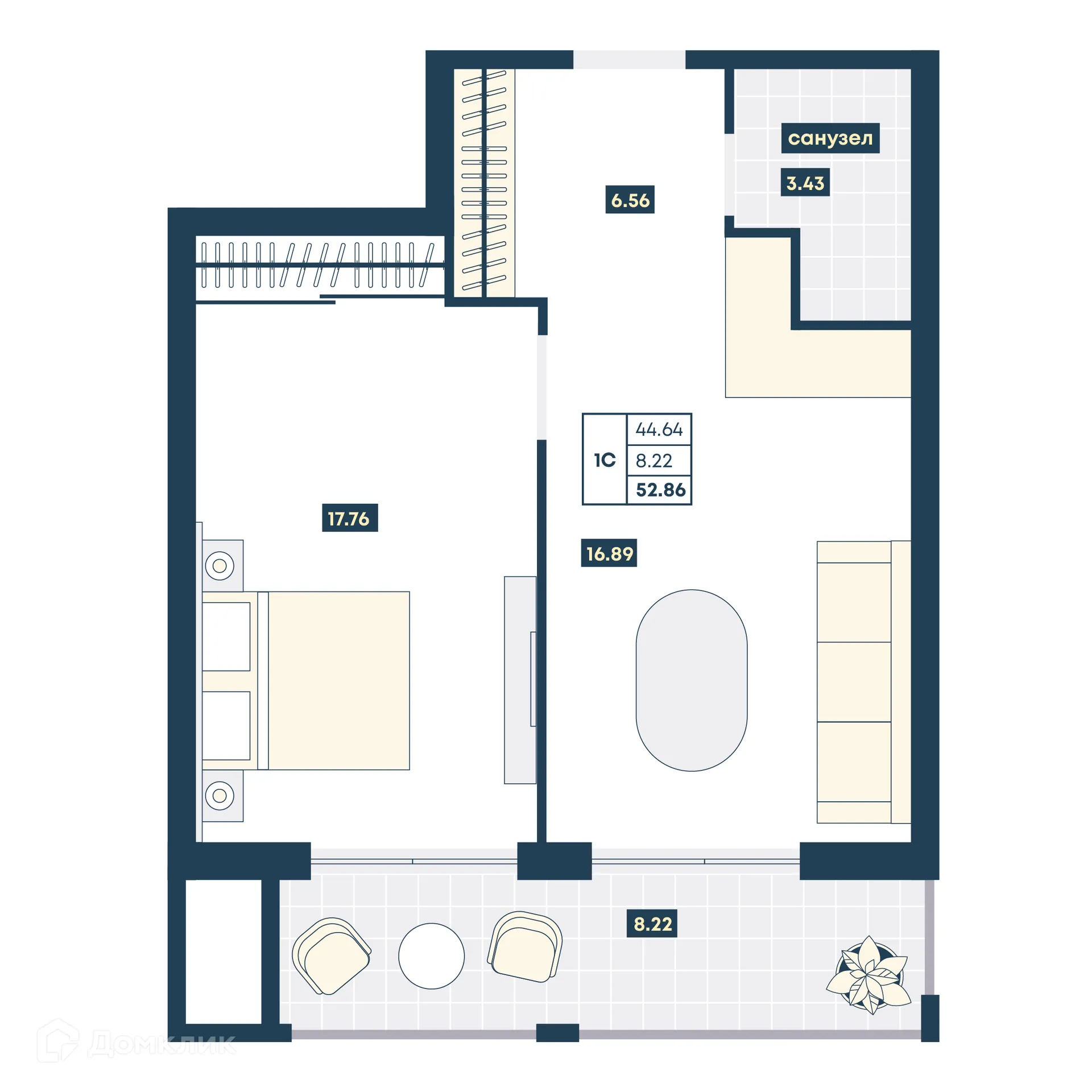 Планировка 1-комнатной квартиры 52.86 м² в ЖК Лучи, г. Анапа — фото 1