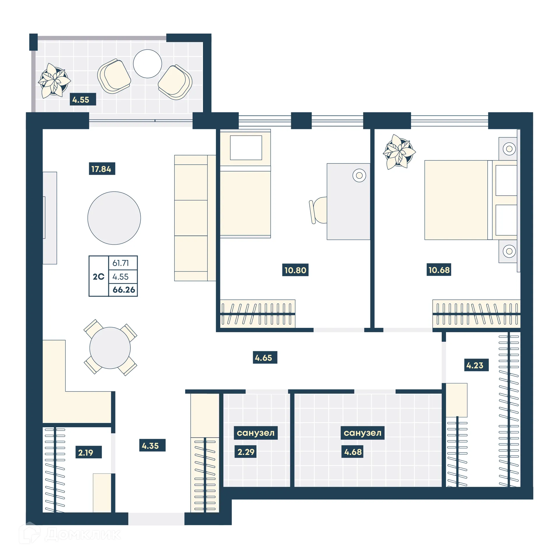 Планировка 2-комнатной квартиры 66.26 м² в ЖК Лучи, г. Анапа — фото 1