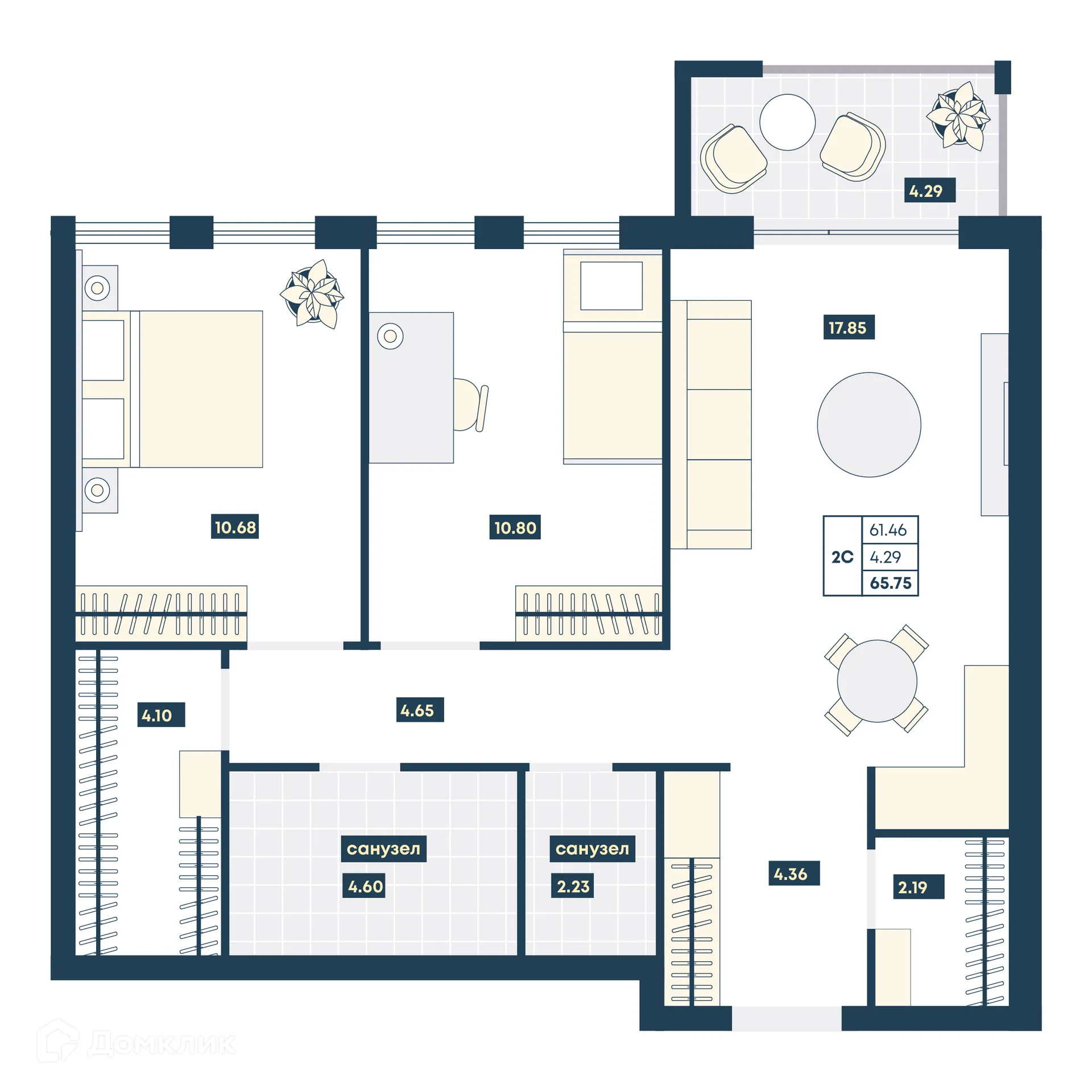 Планировка 2-комнатной квартиры 65.75 м² в ЖК Лучи, г. Анапа — фото 1