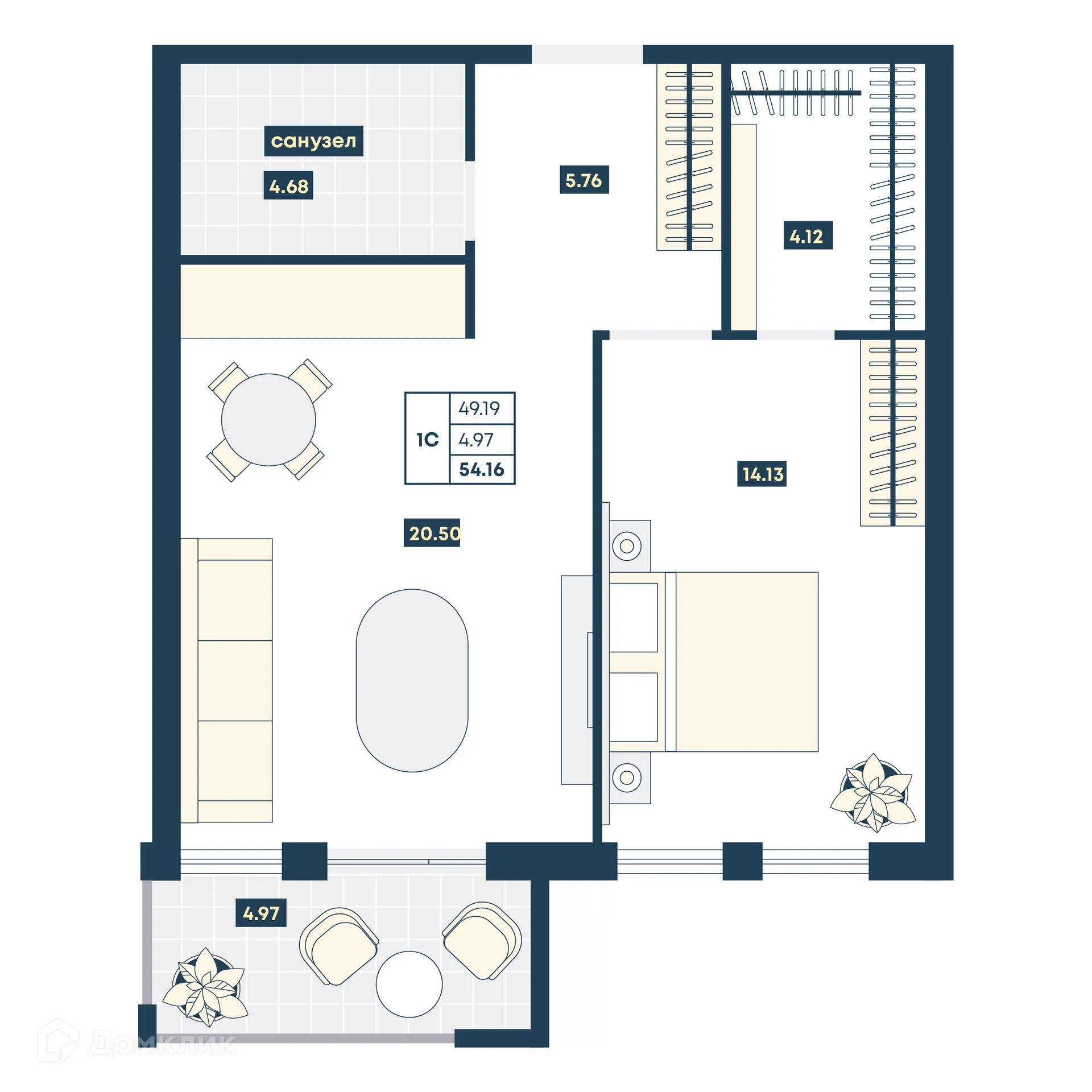 Планировка 1-комнатной квартиры 54.16 м² в ЖК Лучи, г. Анапа — фото 1