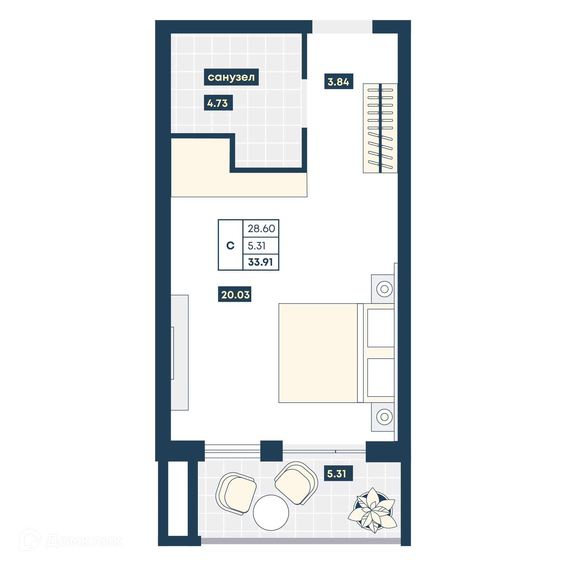 Планировка студии квартиры 33.91 м² в ЖК Лучи, г. Анапа — фото 1