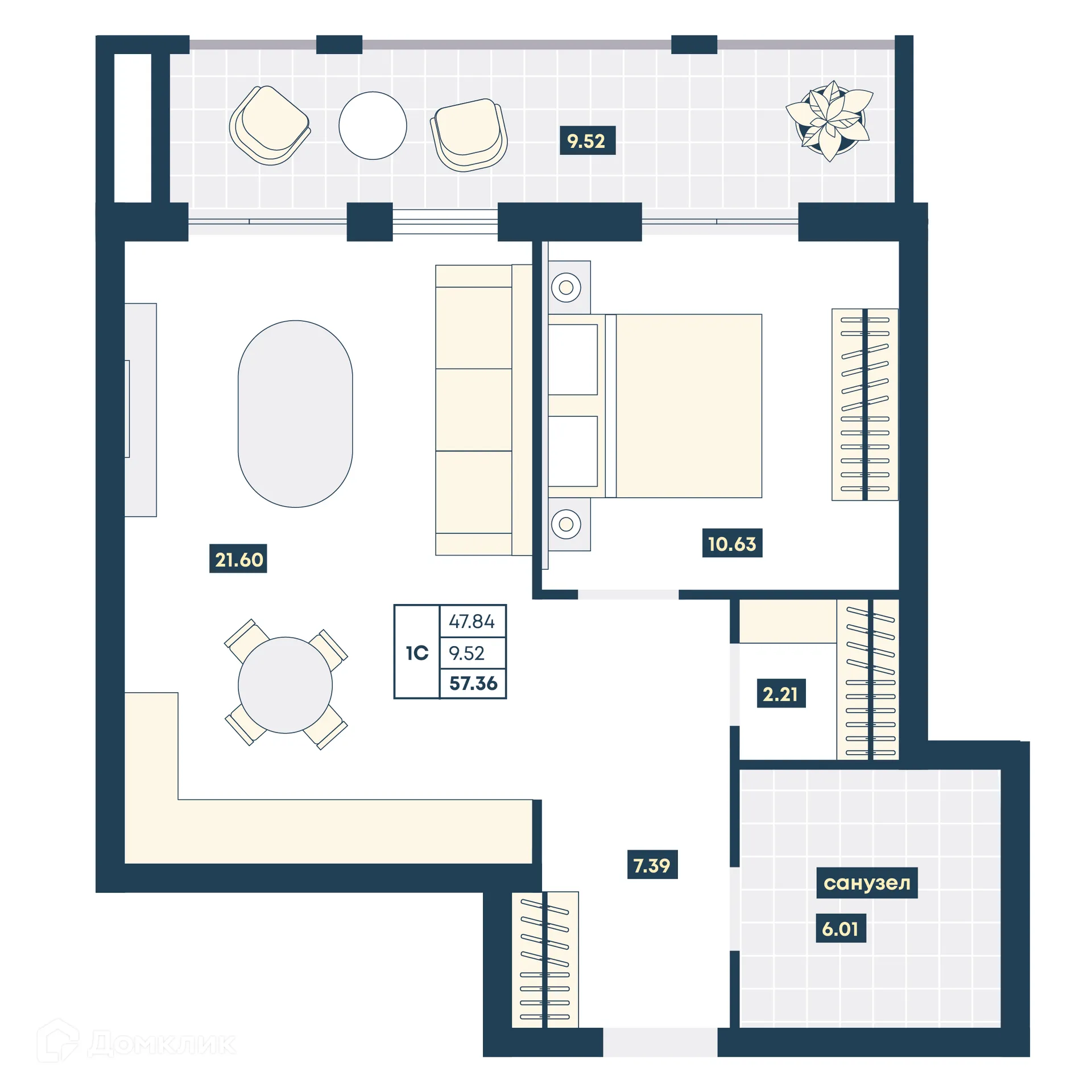 Планировка 1-комнатной квартиры 57.36 м² в ЖК Лучи, г. Анапа — фото 1