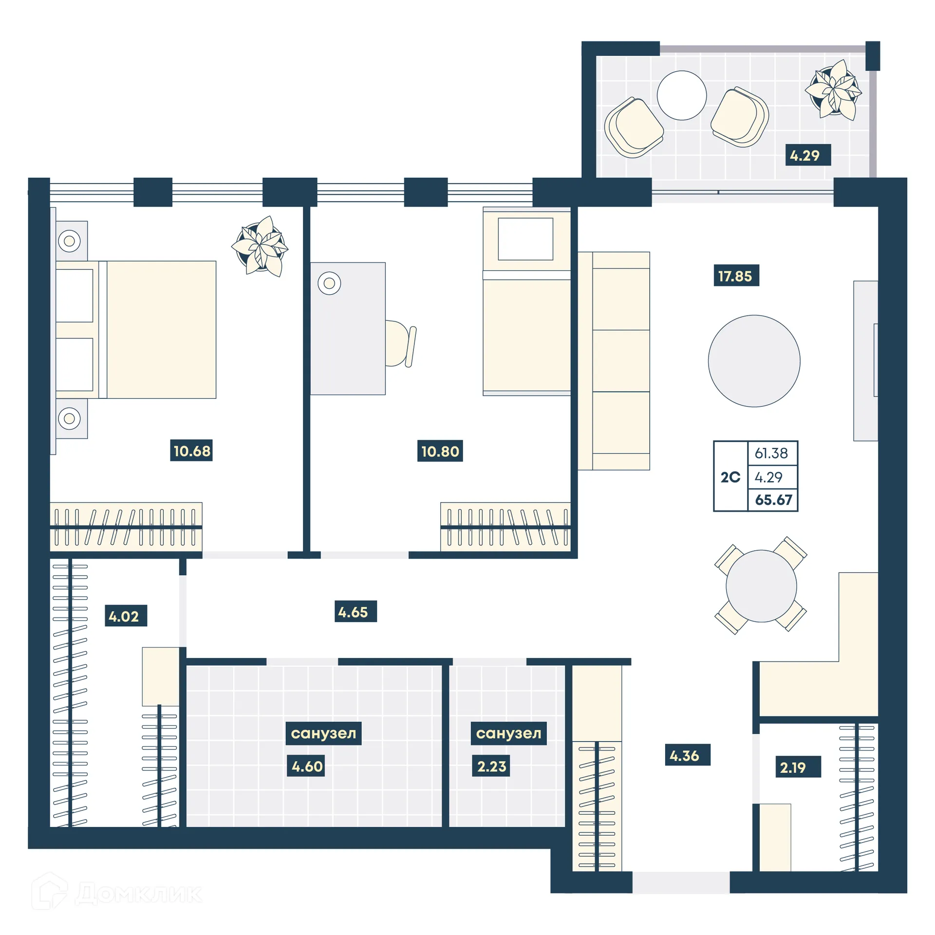 Планировка 2-комнатной квартиры 65.67 м² в ЖК Лучи, г. Анапа — фото 1