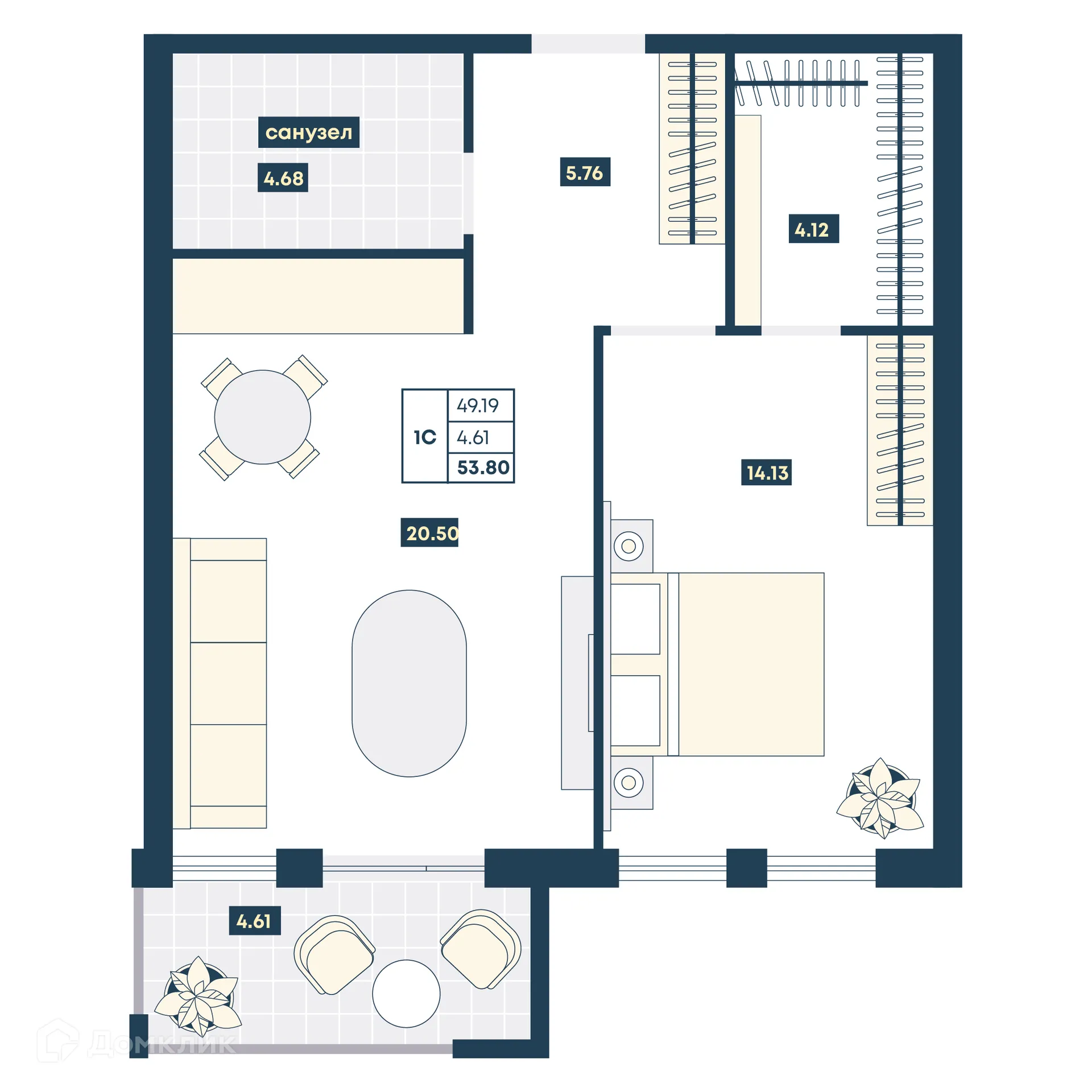 Планировка 1-комнатной квартиры 53.8 м² в ЖК Лучи, г. Анапа — фото 1