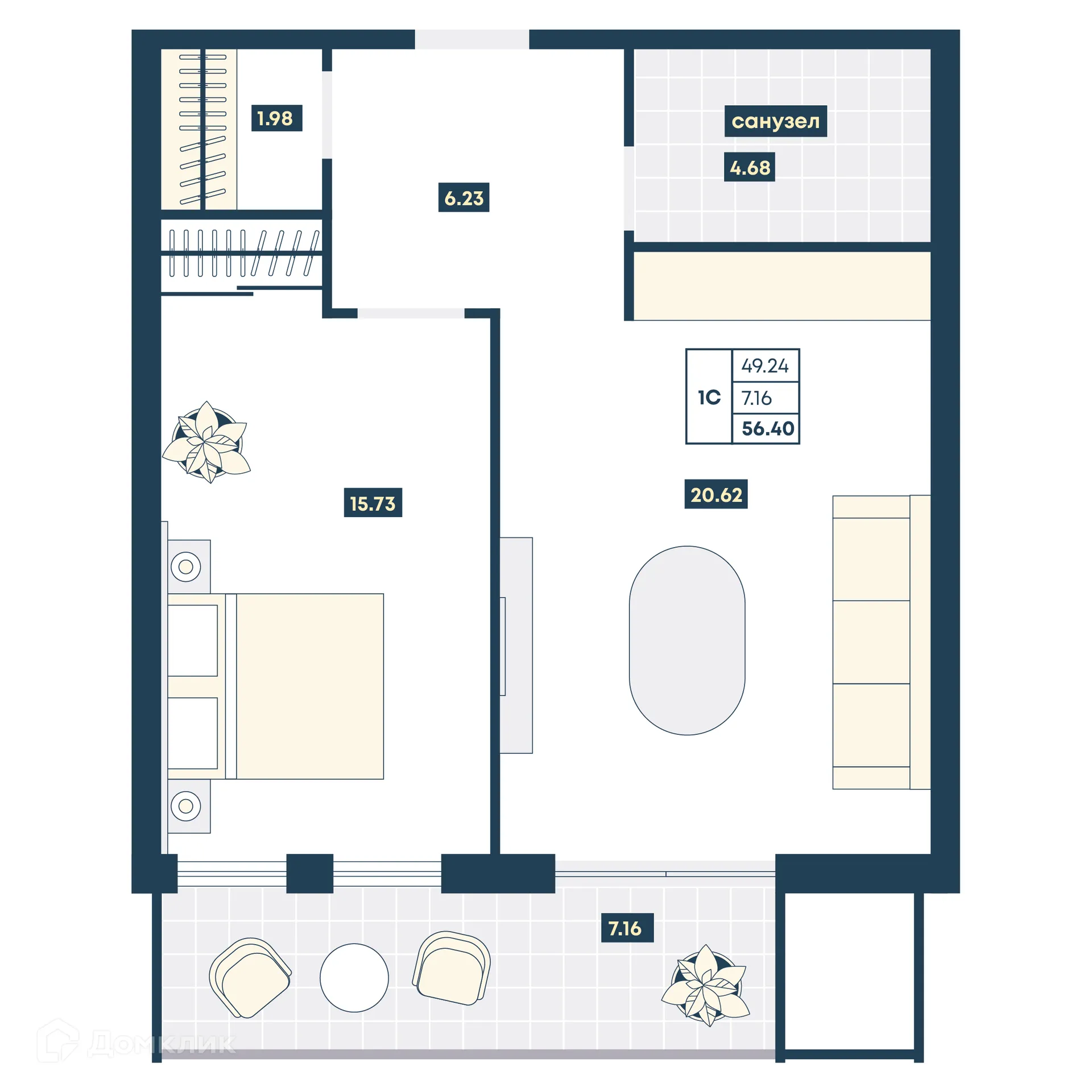 Планировка 1-комнатной квартиры 56.4 м² в ЖК Лучи, г. Анапа — фото 1