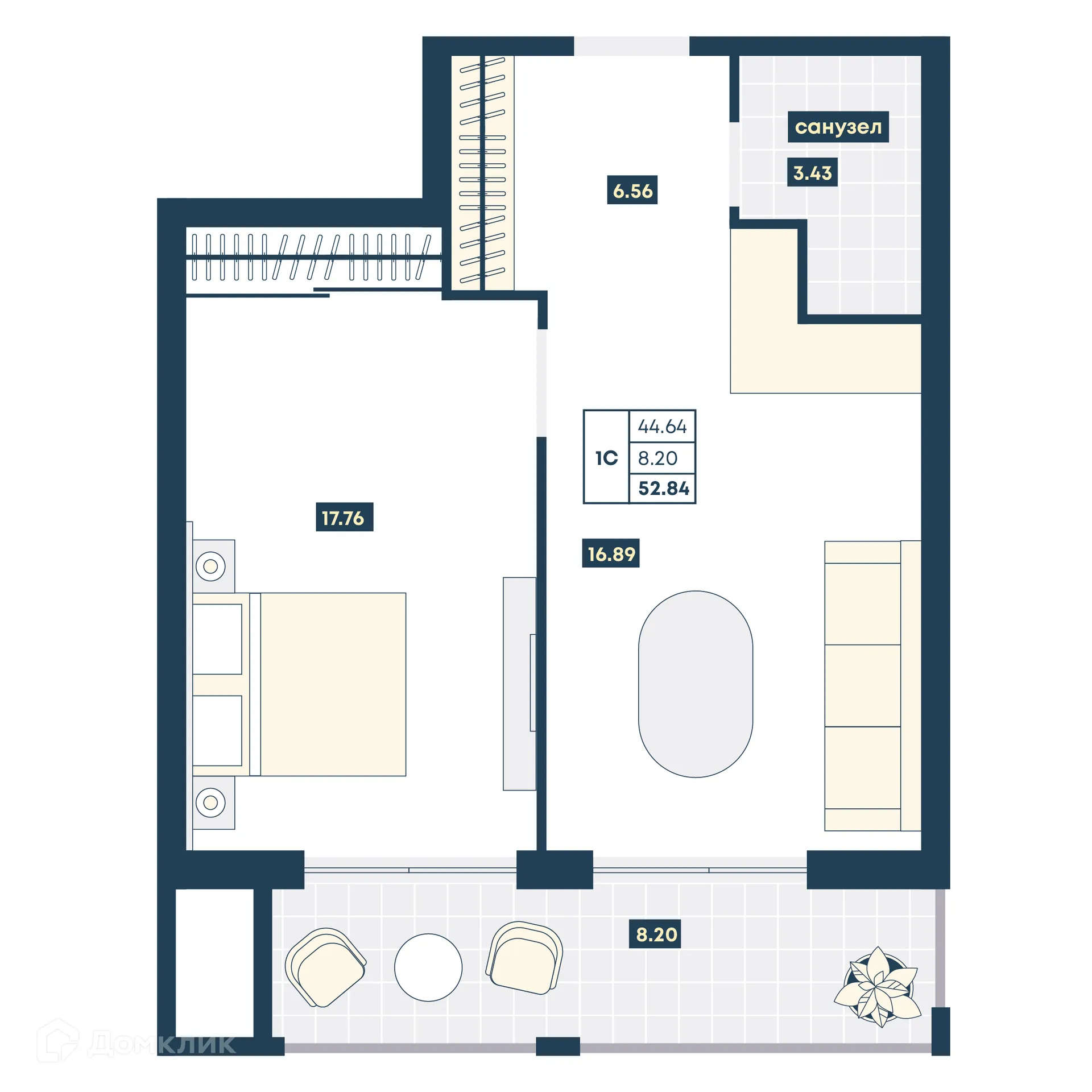 Планировка 1-комнатной квартиры 52.84 м² в ЖК Лучи, г. Анапа — фото 1
