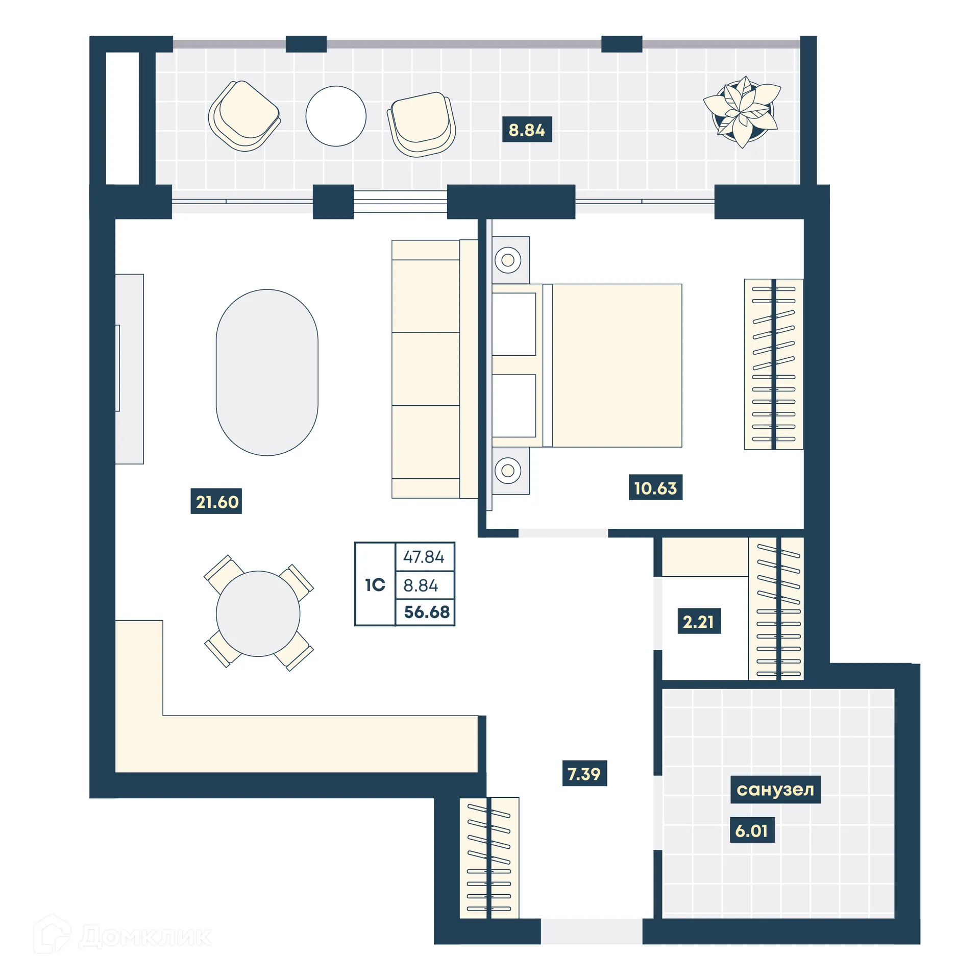 Планировка 1-комнатной квартиры 56.68 м² в ЖК Лучи, г. Анапа — фото 1