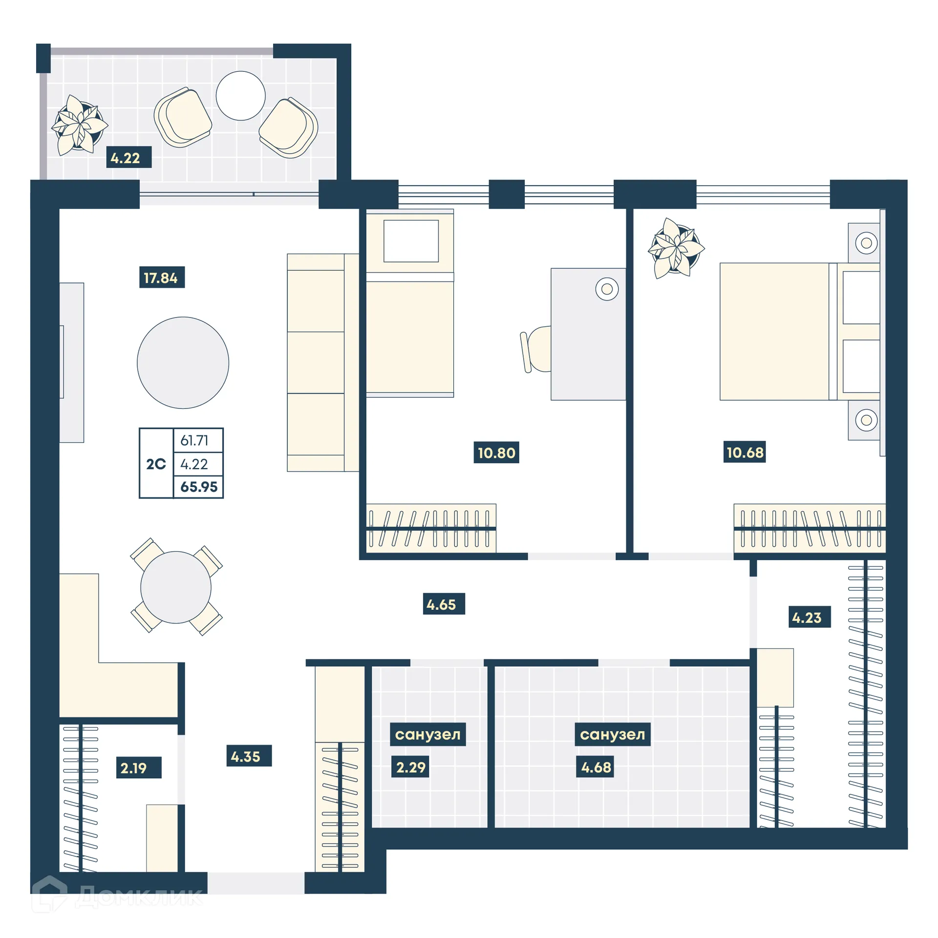 Планировка 2-комнатной квартиры 65.93 м² в ЖК Лучи, г. Анапа — фото 1
