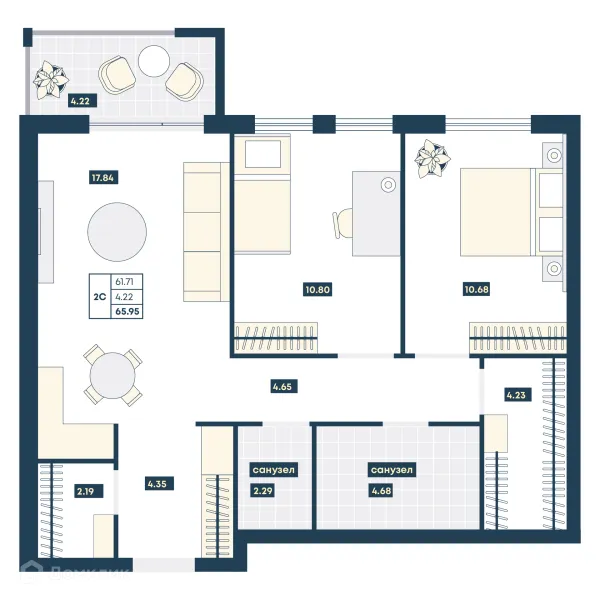 Планировка 2 комн. в ЖК Лучи