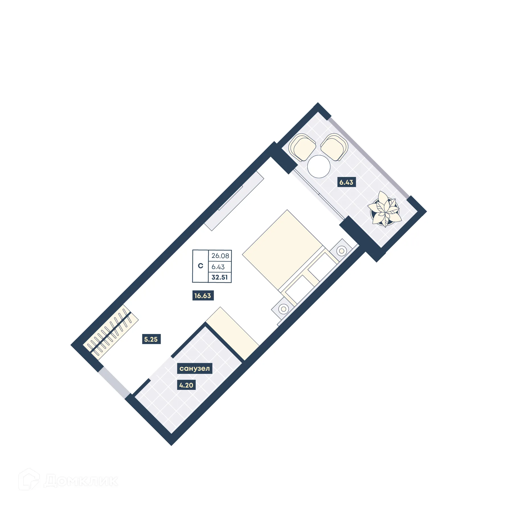 Планировка студии квартиры 32.51 м² в ЖК Лучи, г. Анапа — фото 1