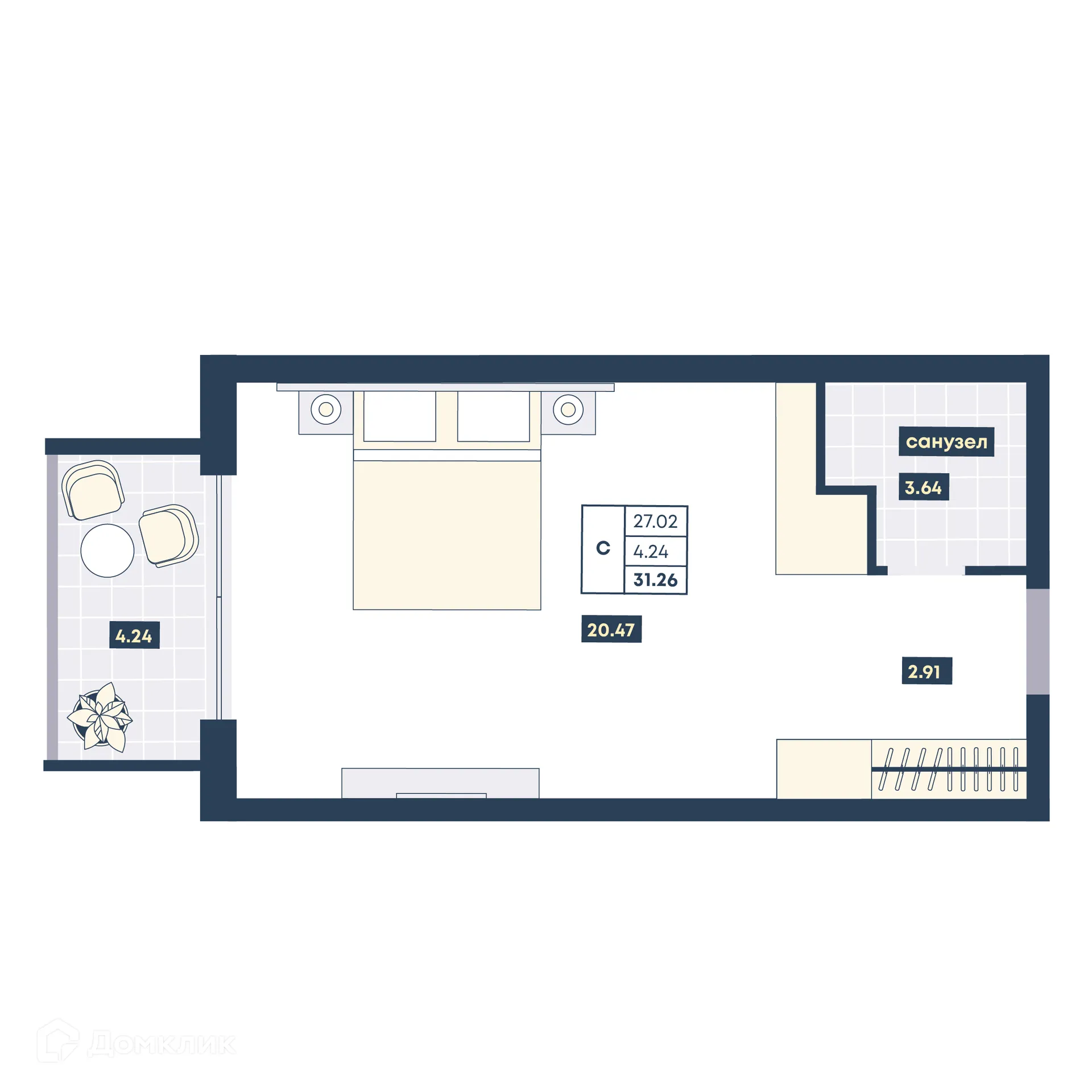 Планировка студии квартиры 31.26 м² в ЖК Лучи, г. Анапа — фото 1