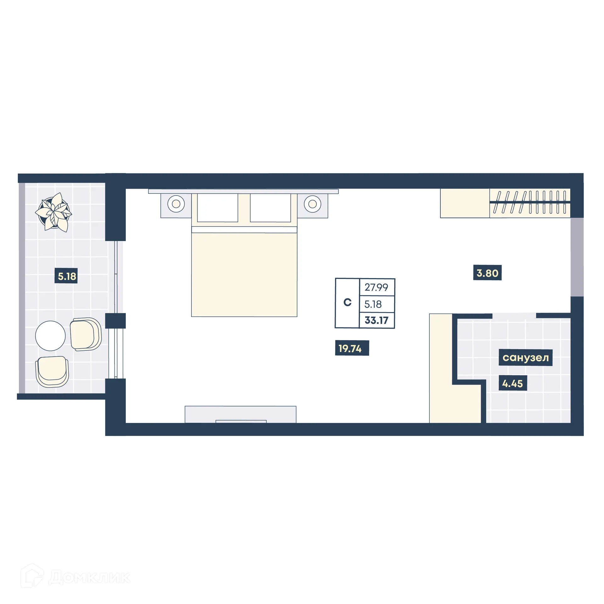 Планировка студии квартиры 33.17 м² в ЖК Лучи, г. Анапа — фото 1