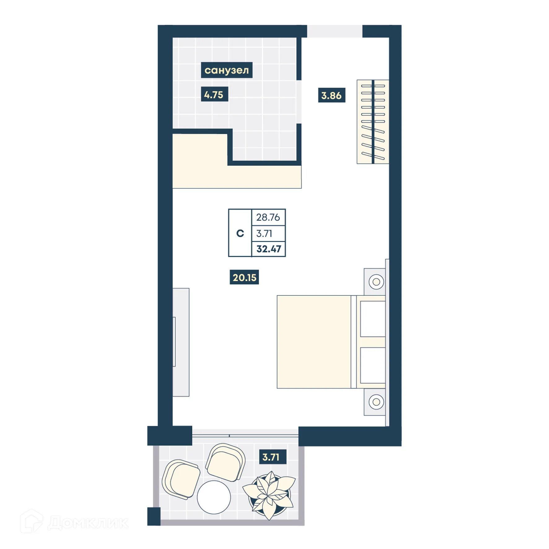 Планировка студии квартиры 32.47 м² в ЖК Лучи, г. Анапа — фото 1