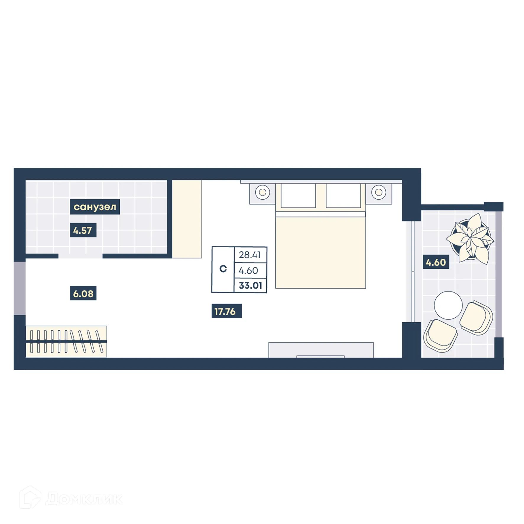 Планировка студии квартиры 33.01 м² в ЖК Лучи, г. Анапа — фото 1