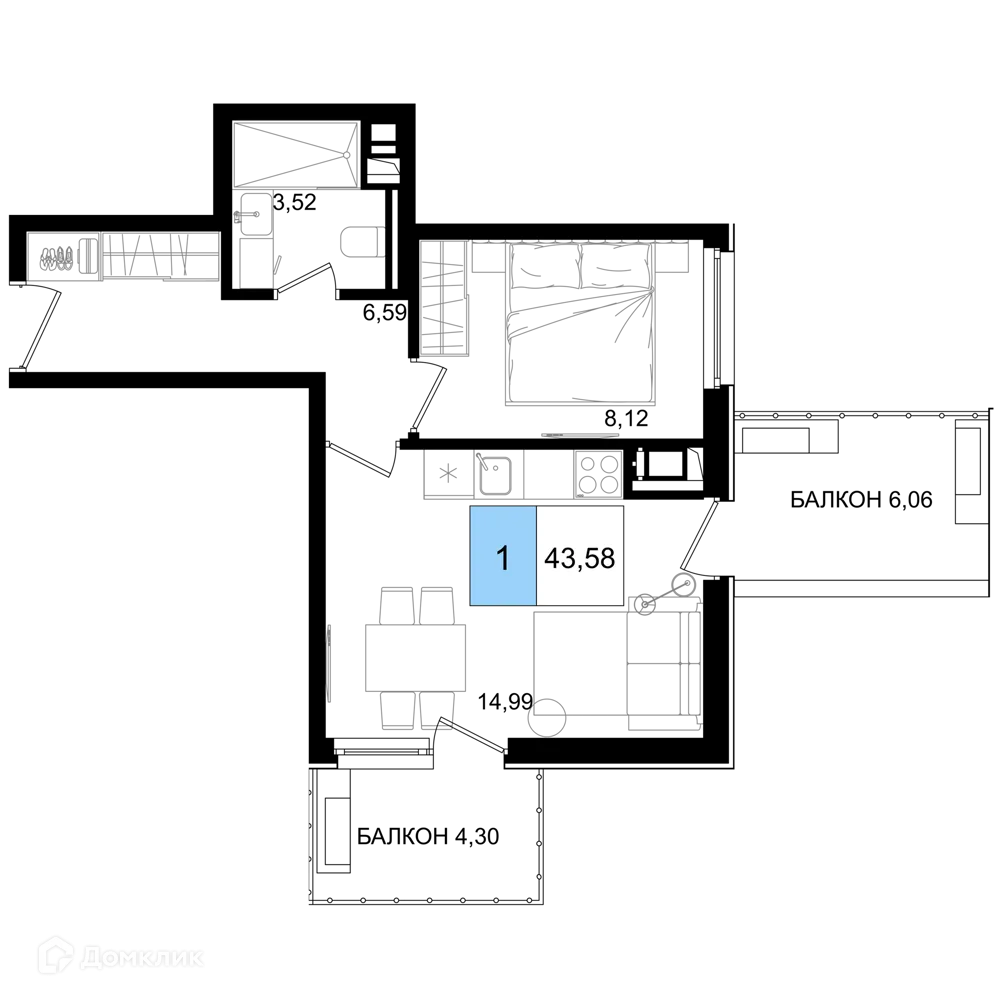 Планировка 1-комнатной квартиры 43.58 м² в ЖК Гостиничный комплекс "Корсаков", г. Анапа — фото 1