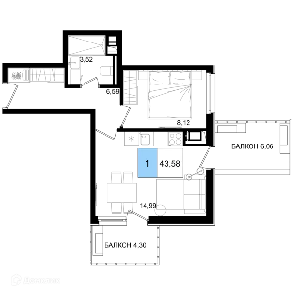 Планировка 1 комн. в ЖК Гостиничный комплекс "Корсаков"