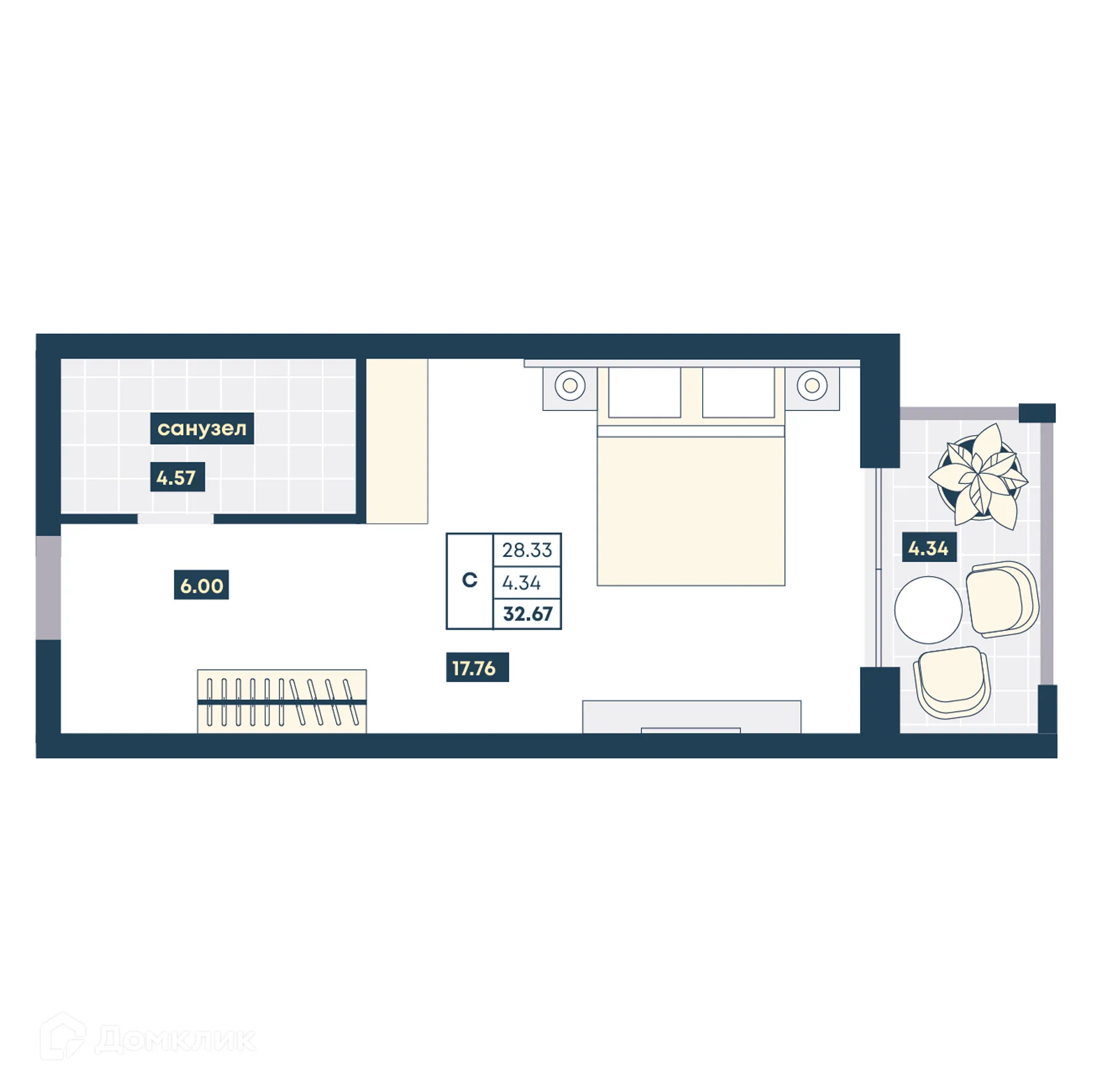 Планировка студии квартиры 32.67 м² в ЖК Лучи, г. Анапа — фото 1