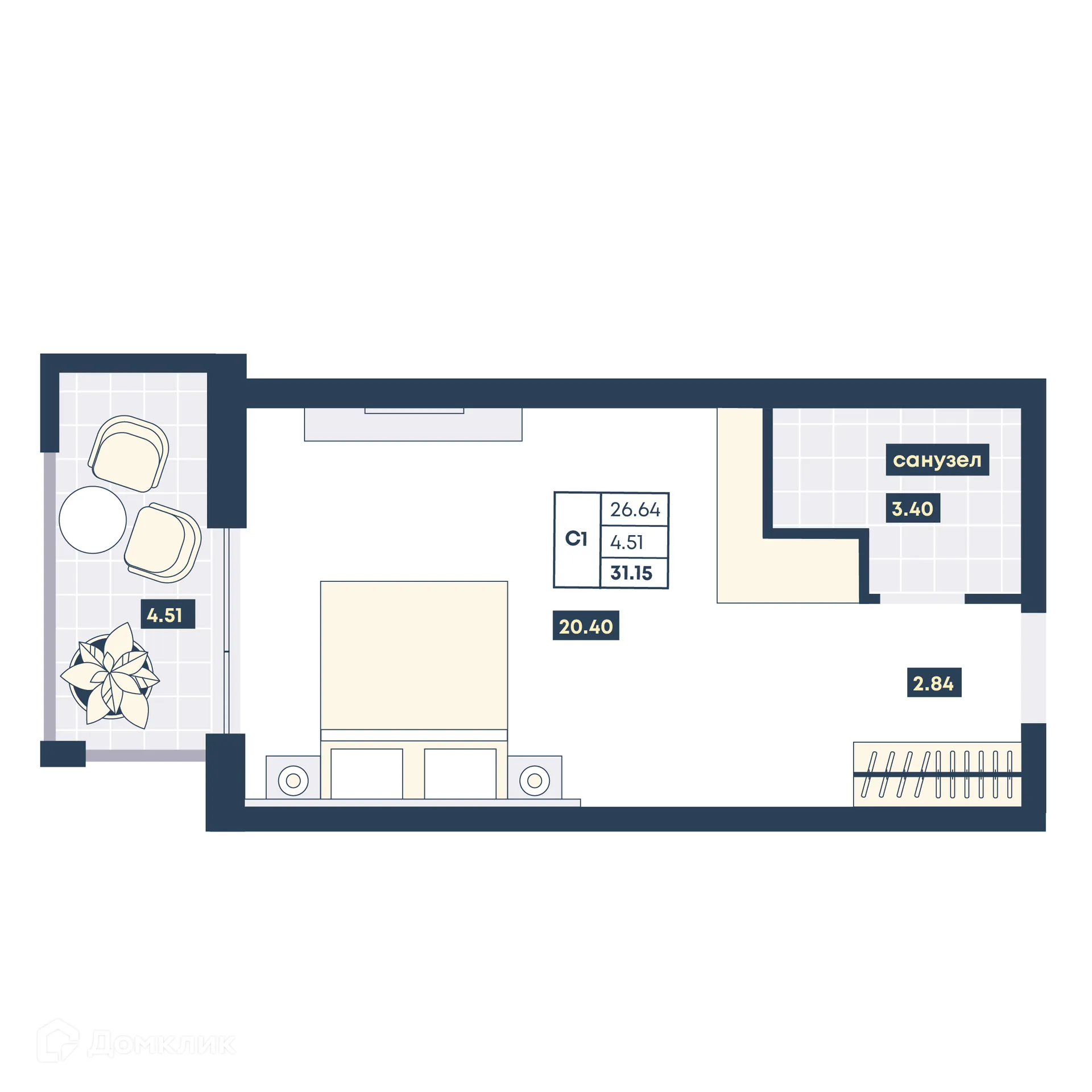 Планировка студии квартиры 31.15 м² в ЖК Лучи, г. Анапа — фото 1