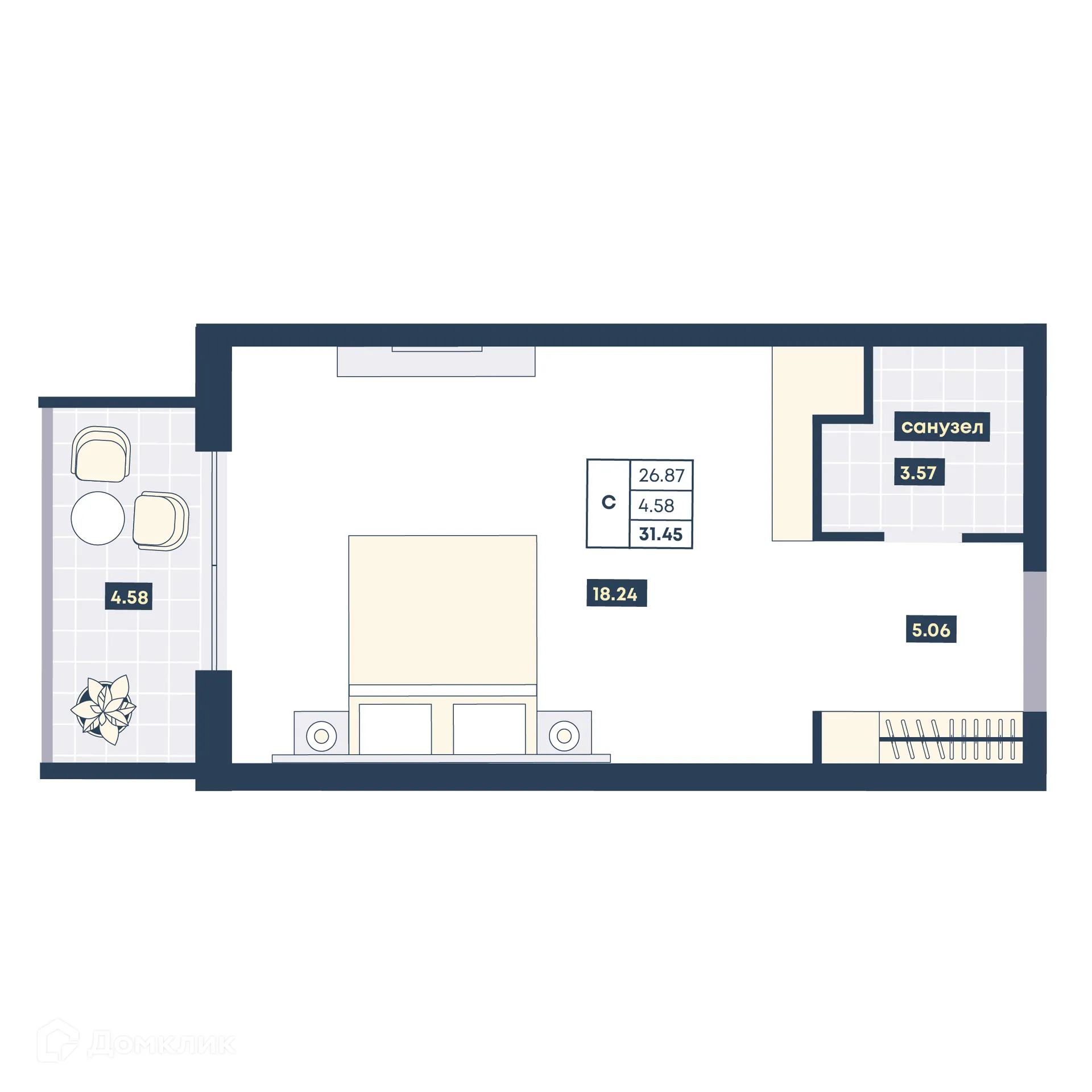 Планировка студии квартиры 31.45 м² в ЖК Лучи, г. Анапа — фото 1