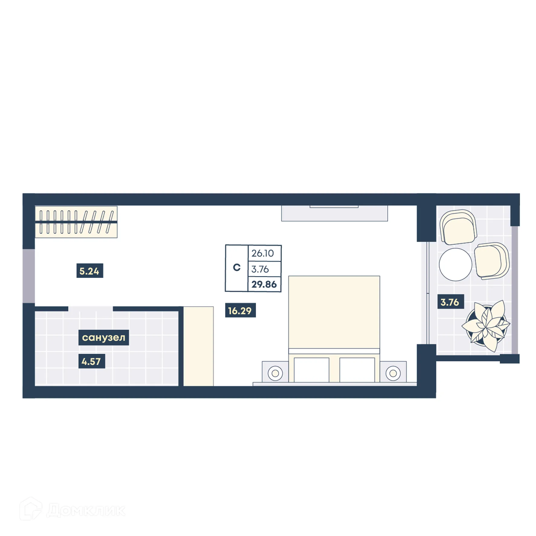 Планировка студии квартиры 29.86 м² в ЖК Лучи, г. Анапа — фото 1