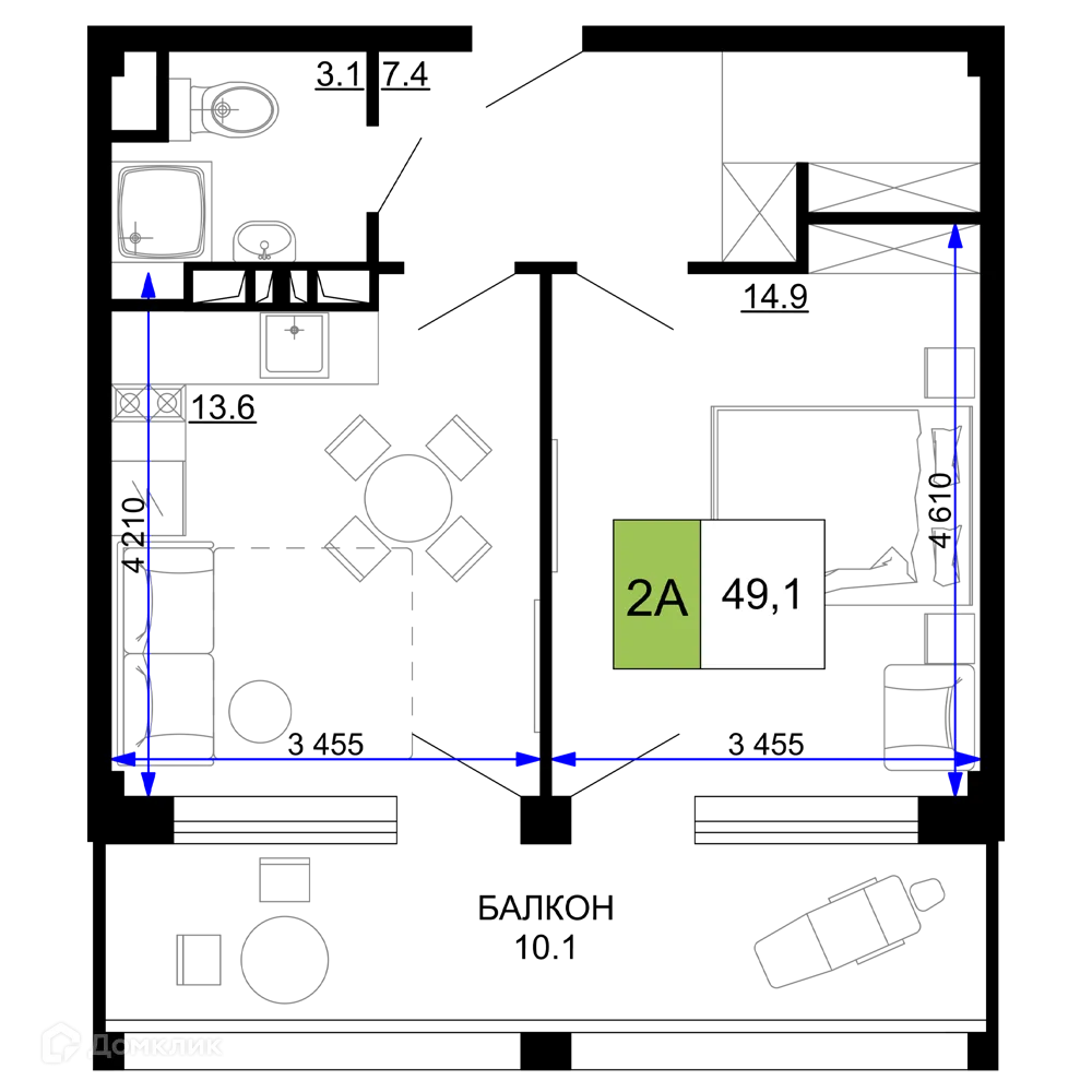 Планировка 2-комнатной квартиры 49.1 м² в ЖК Гостиничный комплекс «Мореград», г. Анапа — фото 1