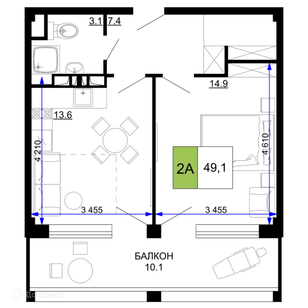 Планировка 2 комн. в ЖК Гостиничный комплекс «Мореград»