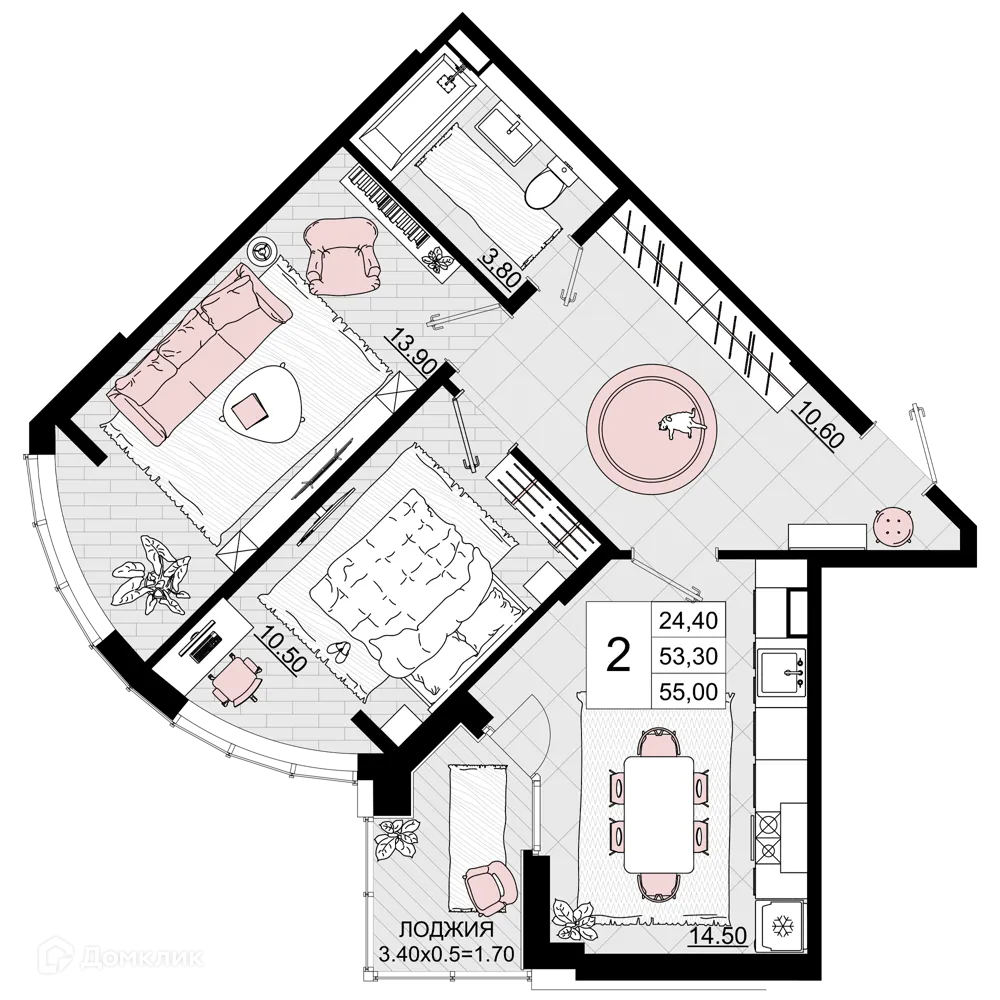 Планировка 2-комнатной квартиры 55 м² в ЖК Песчаный, г. Анапа — фото 1