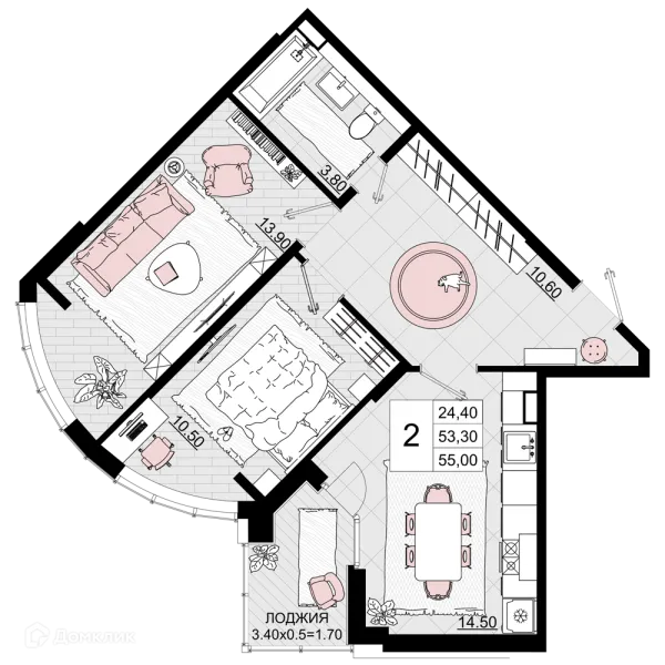 Планировка 2 комн. в ЖК Песчаный