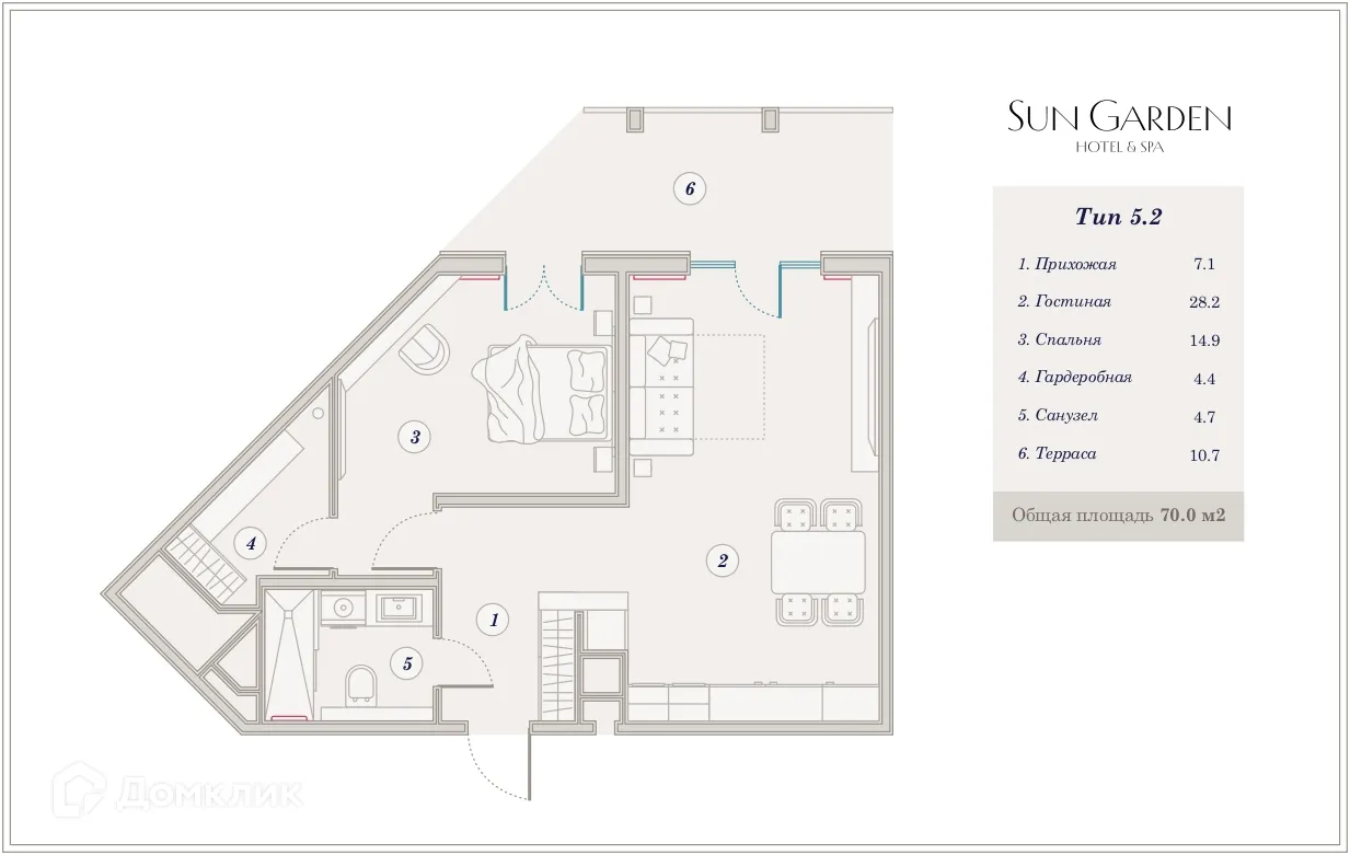 Планировка 2-комнатной квартиры 71 м² в ЖК Гостиничный комплекс Sun Garden Hotel SPA (Сан Гардэн Хотэл СПА), г. Анапа — фото 1