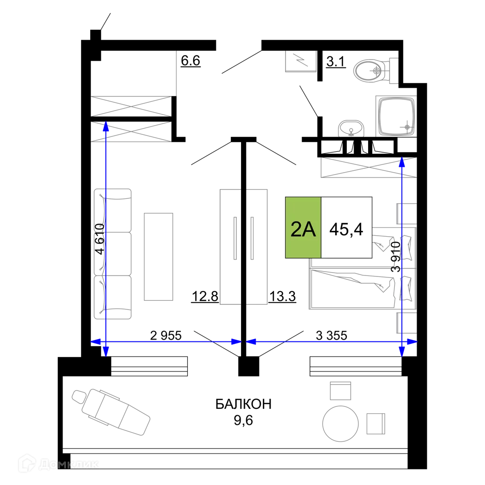 Планировка 2-комнатной квартиры 45.4 м² в ЖК Гостиничный комплекс «Мореград», г. Анапа — фото 1