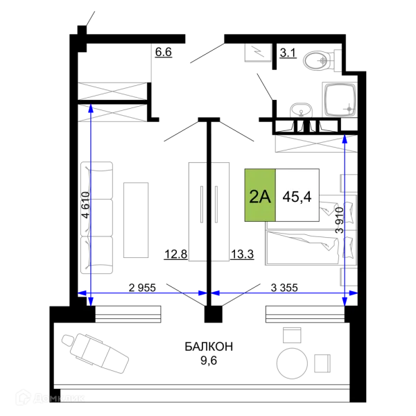 Планировка 2 комн. в ЖК Гостиничный комплекс «Мореград»