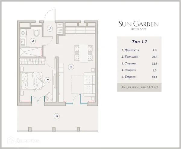 Планировка 2 комн. в ЖК Гостиничный комплекс Sun Garden Hotel SPA (Сан Гардэн Хотэл СПА)